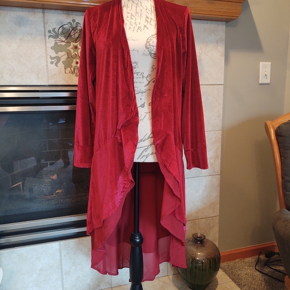 Women's Open Front Velvet Duster Cardigan - Deep Magenta - Picture 3 of 12